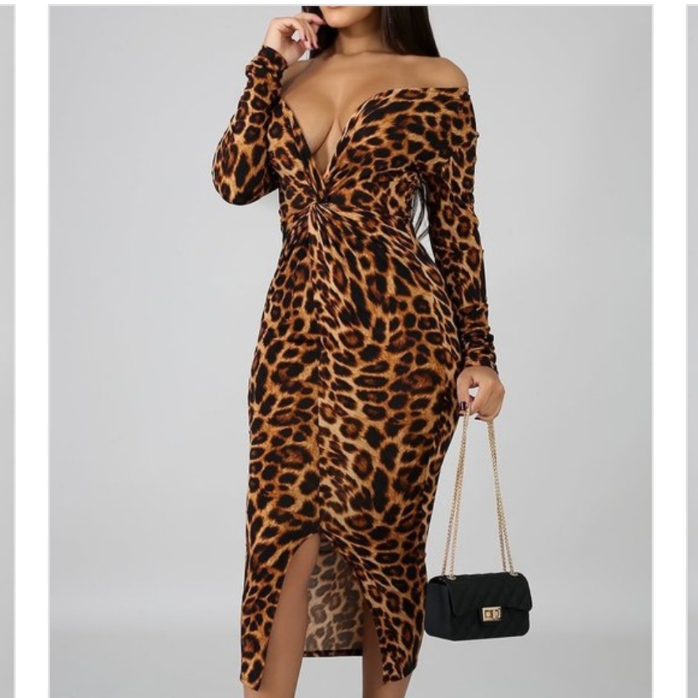 Cheetah Print Midi Dress Deep V-Neck - Just Pretty LLC - Picture 3 of 6